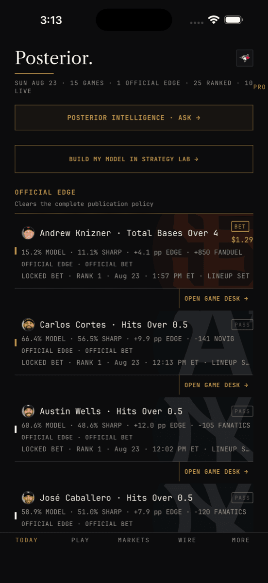 Posterior iPhone app Today desk with model-qualified MLB picks
