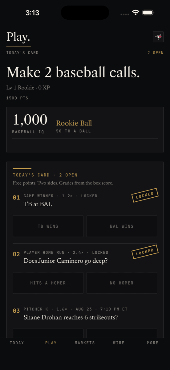 Posterior Play card with Baseball IQ rating and tonight's calls
