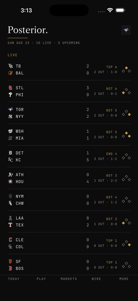 Posterior live game desk with pitch-level detail
